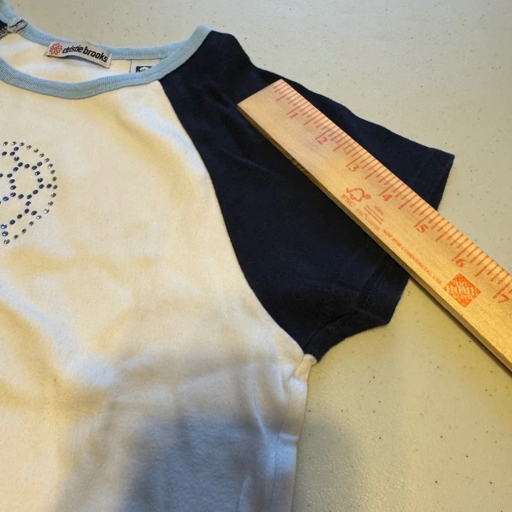 Soccer Y2K Christie Brooks Girls Size 10-12 Raglan Baseball Tee Rhinestone White - Picture 6 of 6